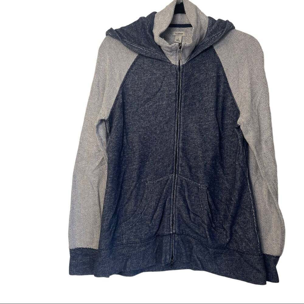 L.L. Bean Blue White Hooded Cotton Long Sleeved Full Zip Sweatshirt Size…